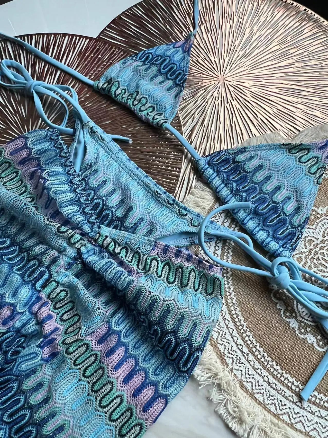 Costume da bagno estivo da donna nuovo, bikini lavorato a maglia in 3 pezzi con costumi da bagno con copertura avvolgente e scollo all'americana per le vacanze al mare