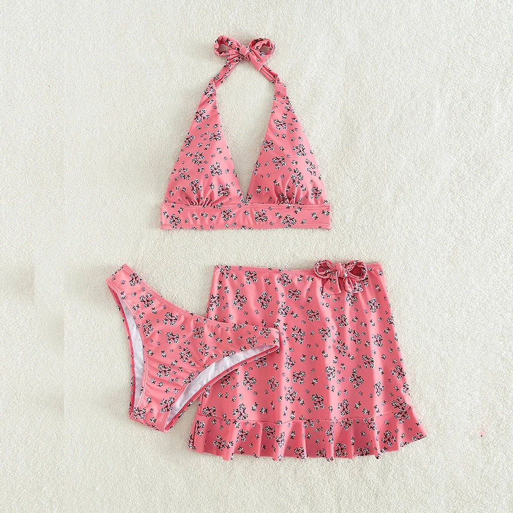 Bikini da donna a taglio basso con gonna a balze costume da bagno a tre pezzi costume da bagno Sexy con fasciatura all'americana Monokini costumi da bagno senza schienale