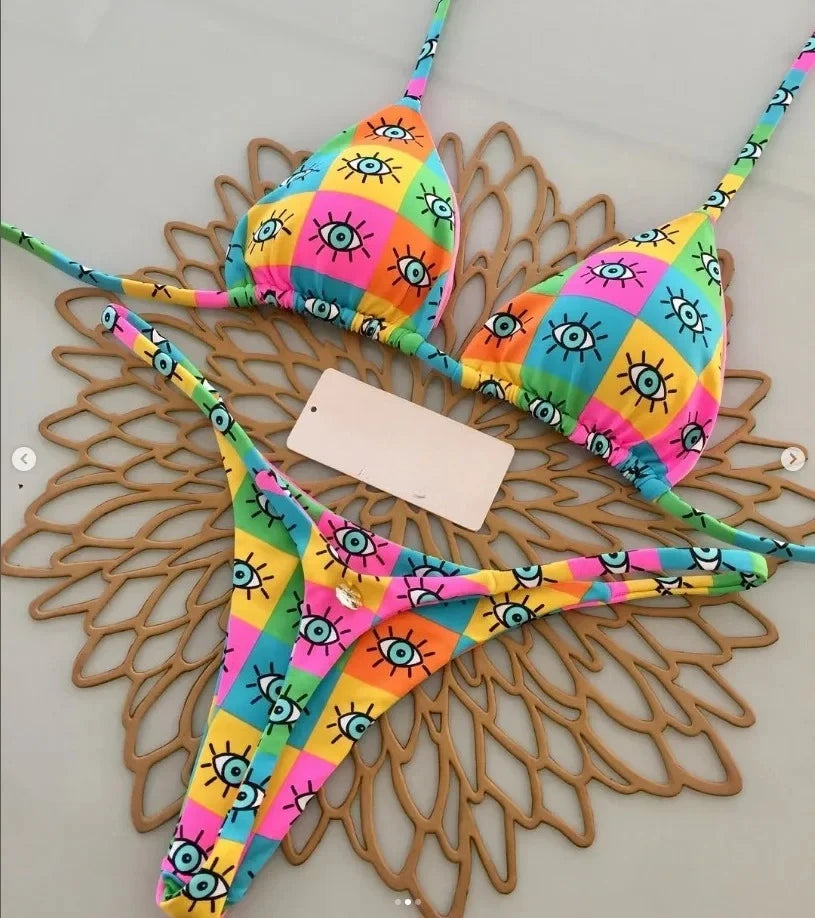Summer Print Sexy Bikini Sets Halter Lace-up Tops Thongs Beach Style Bathing Suit Y2k Swimsuits Women Beachwear Fashion New