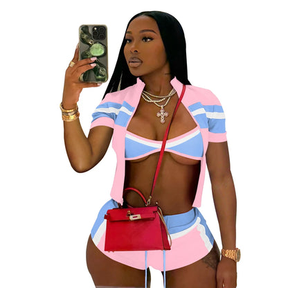 Sommer Sexy 3-teiliges Set Damen Fitnessstudio Outfits Farbblock Trainingsanzug BH Reißverschlussjacke und Shorts Sets Damen Club Abendkleidung