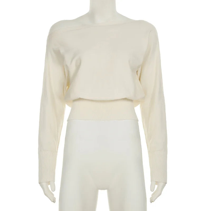 Maglione da donna monospalla in maglia, elegante, a maniche lunghe, caldo, con cintura in vita, pullover ampio, abbigliamento invernale autunnale, nuovo modello tinta unita