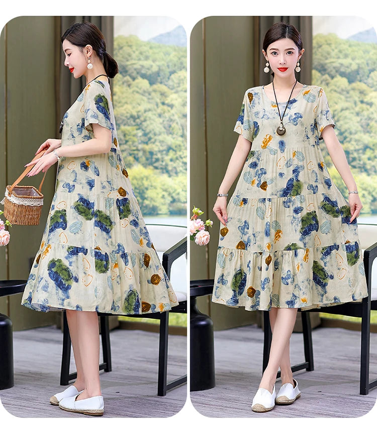Nuovo Vestito Delle Donne di Estate Vestito Estivo 2024 Casual abito a maniche corte Abiti Femminili O-Collo Robe Abiti della Boemia di Grandi Dimensioni