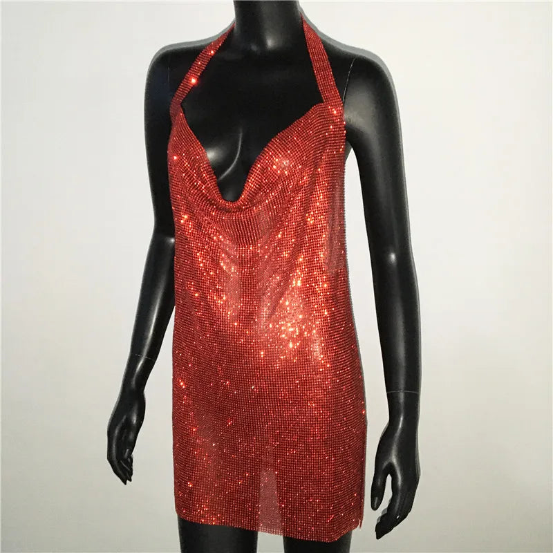 Mini abito sexy con scollo a V senza schienale per le donne Abiti da sera da club per feste con strass lucidi con scollo all'americana e spacco laterale