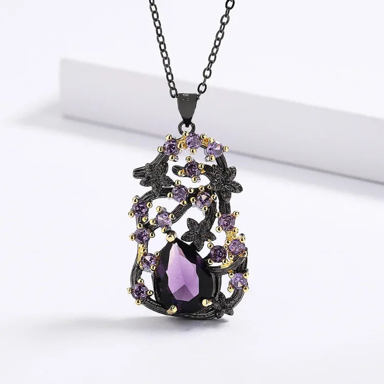 925 Silver Elegant Women's Jewelry Three-piece Set Black Gold Purple Zircon Flowers Jewelry Women's Ring Necklace Earrings