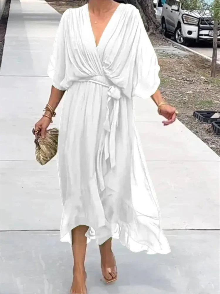 Abiti da festa eleganti in chiffon solido per le donne Sexy scollo a V maniche a pipistrello Lace Up Ruffles Abito lungo irregolare Abito casual Femme