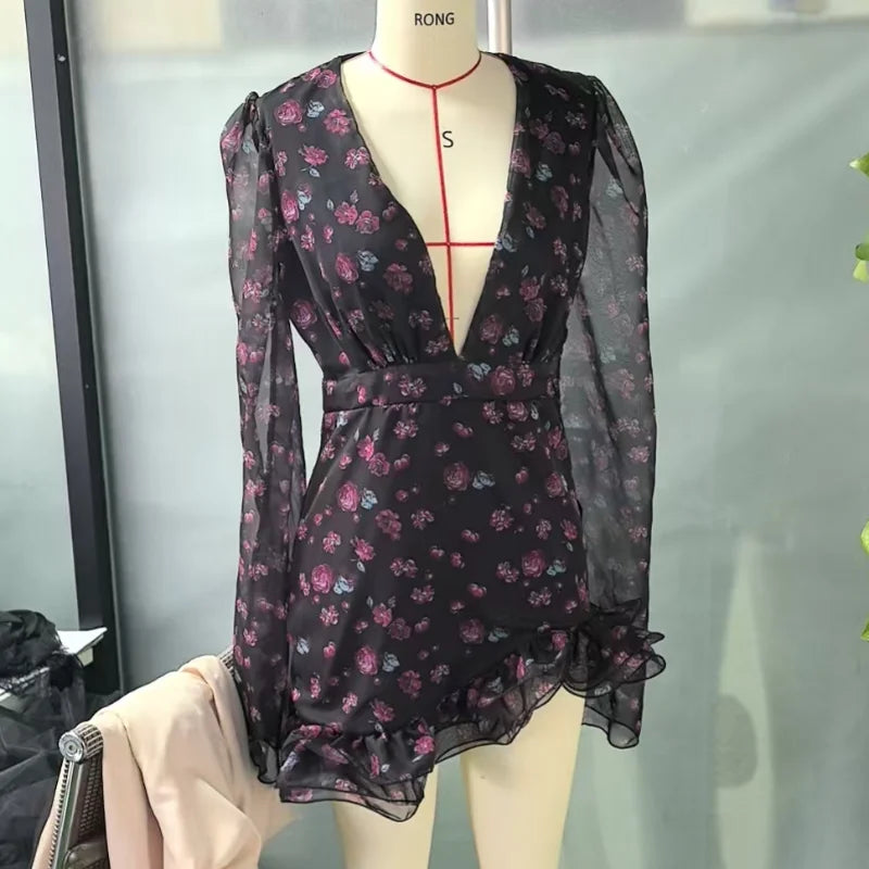 Elegante Abito Mini con Volant e Stampa Floreale, Maniche Lunghe, Scollo a V Profondo, Vestito Slim a Linea A per Donna, Nuovo Abito da Festa 2026
