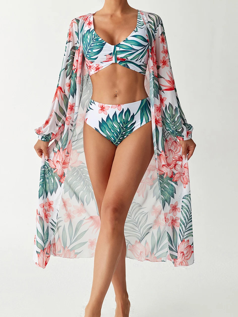 3 Pieces High Waist Bikini With Kimono Swimwear 2026 Women Printed Swimsuit Female Bathers Bathing Swimming Swim Suit Beachwear