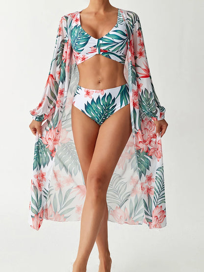 3 Pieces High Waist Bikini With Kimono Swimwear 2026 Women Printed Swimsuit Female Bathers Bathing Swimming Swim Suit Beachwear