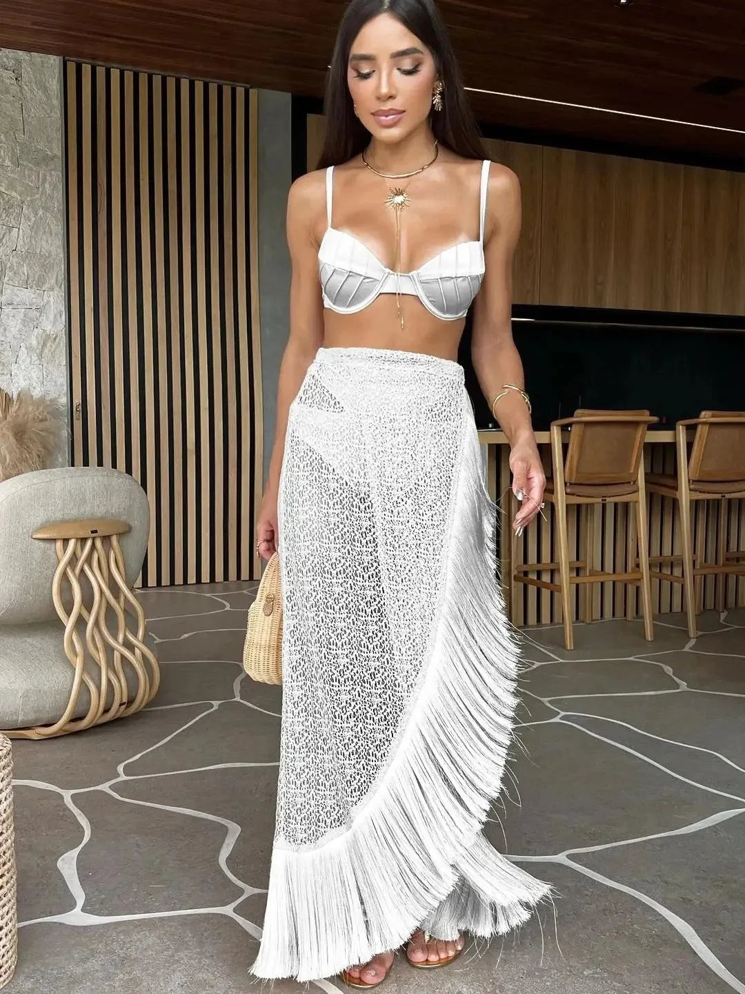 Sexy 3Pieces Push Up Bikini Set Women Swimsuit High Waist Perspective Tassel Skirt Beach Outing Bathing 2024 Feminine Swimwear