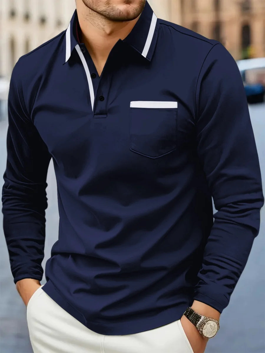 Maglia da Golf da Uomo Primaverile e Autunnale Best-Seller, con Colletto e Tasca, Comoda, Casual, Sportiva, Tinta Unita, a Maniche Lunghe, Traspirante