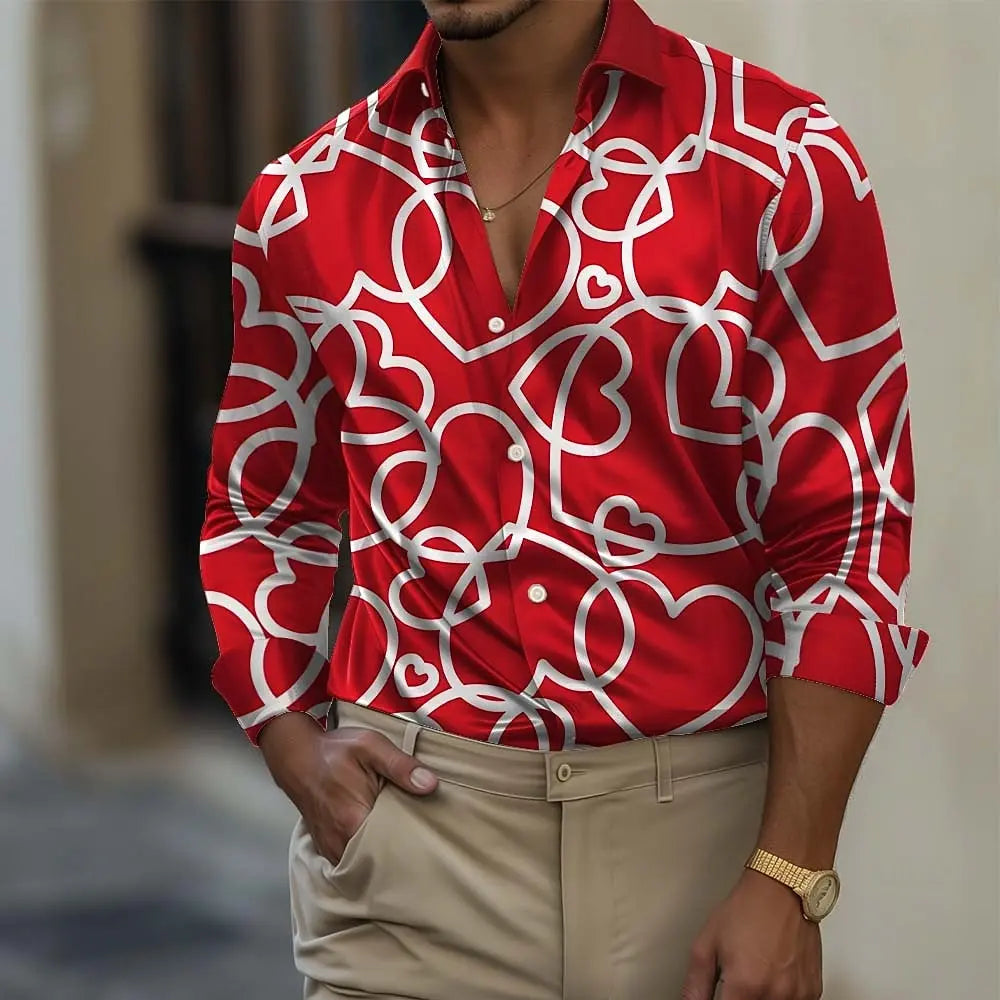 Regalo romantico da uomo Camicia a forma di cuore Manica lunga Moda Casual Estate Primavera Autunno Couverture Camicie con bottoni con stampa 3D