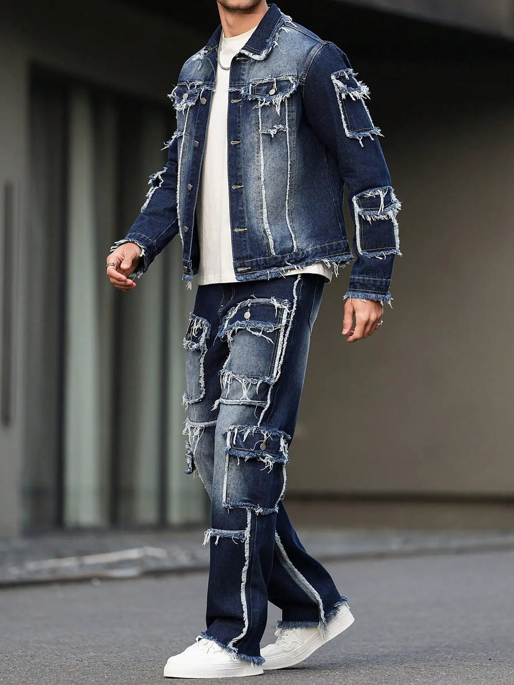 Abito in denim primaverile e autunnale da uomo, design multitasche, stile pantaloni larghi e dritti