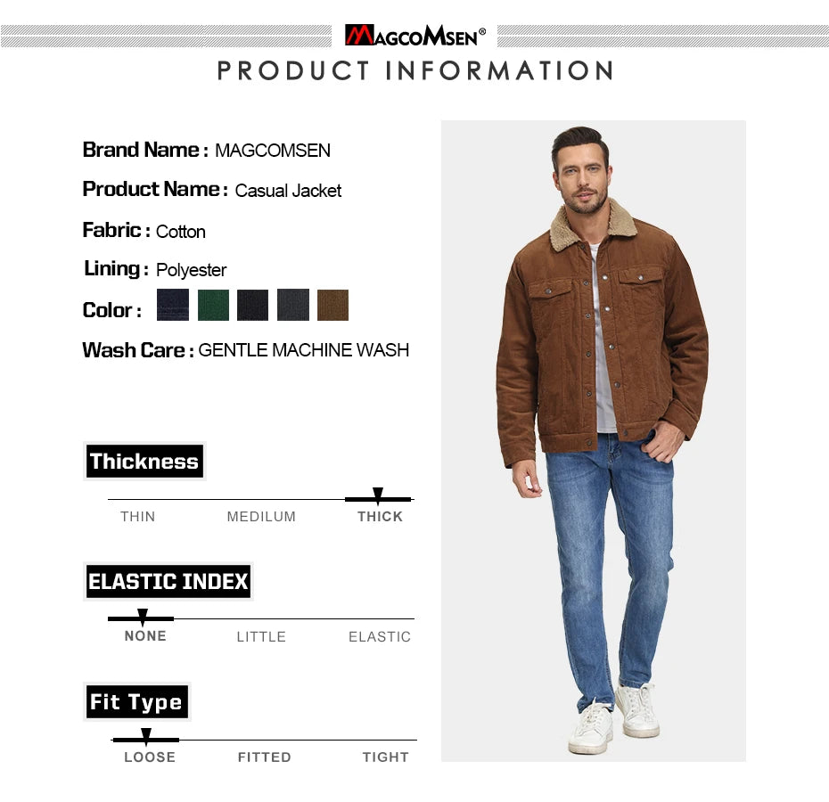 MAGCOMSEN Giacche di velluto a coste da uomo Giacca a vento in pile Sherpa vintage Cappotti invernali spessi e caldi Giacca di jeans casual multitasche