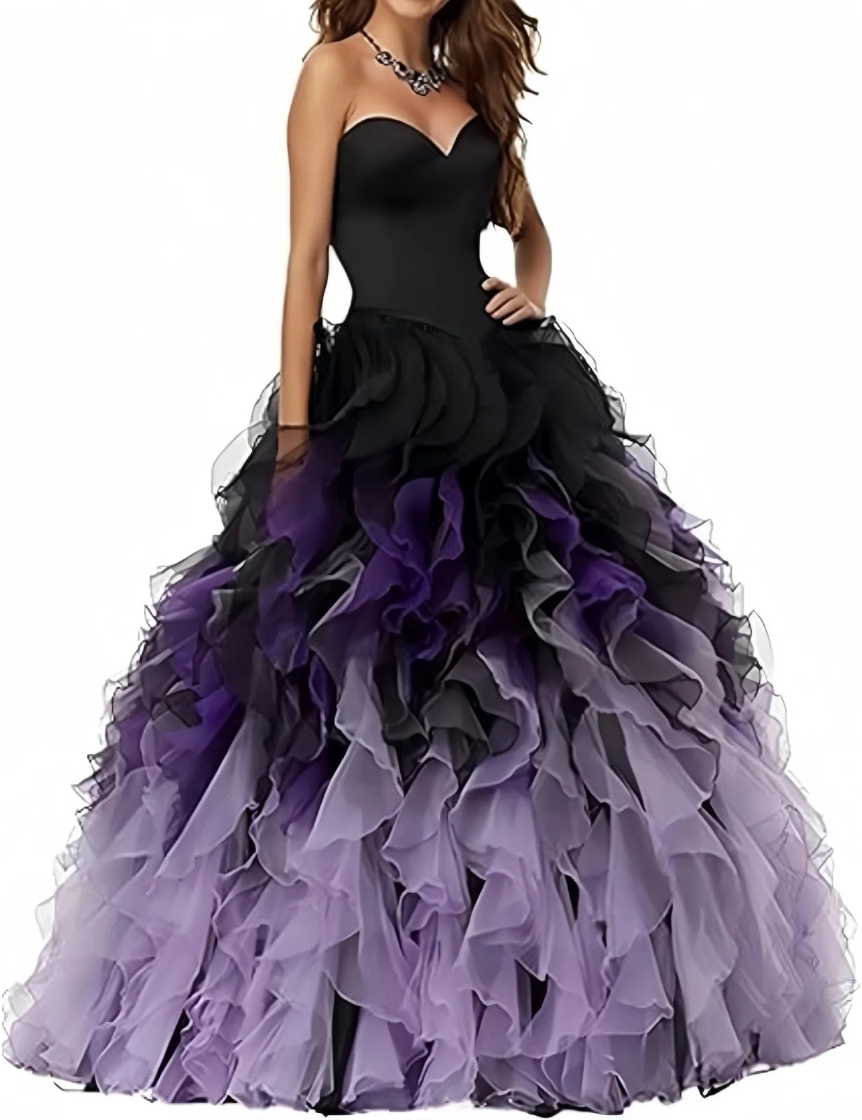 Abito Quinceanera in organza senza spalline con volant Abiti da ballo Abito da ballo lungo gonfio con scollo a cuore Ombre Abito da cocktail da sposa