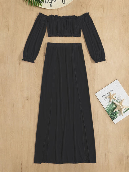Costumi da bagno donna 2026 Nuovo solido maniche lunghe volant costume da bagno a fascia gonna lunga grembiule in rete 2 pezzi costume da bagno da spiaggia femminile