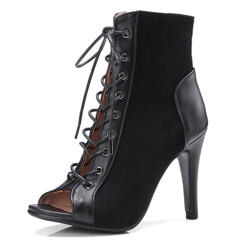 Black Summer High Heels Ankle Boots For Women 2025 Spring Peep Toe Lace Up Pumps Party Jazz Dance Shoes Suede Ladies Large Size