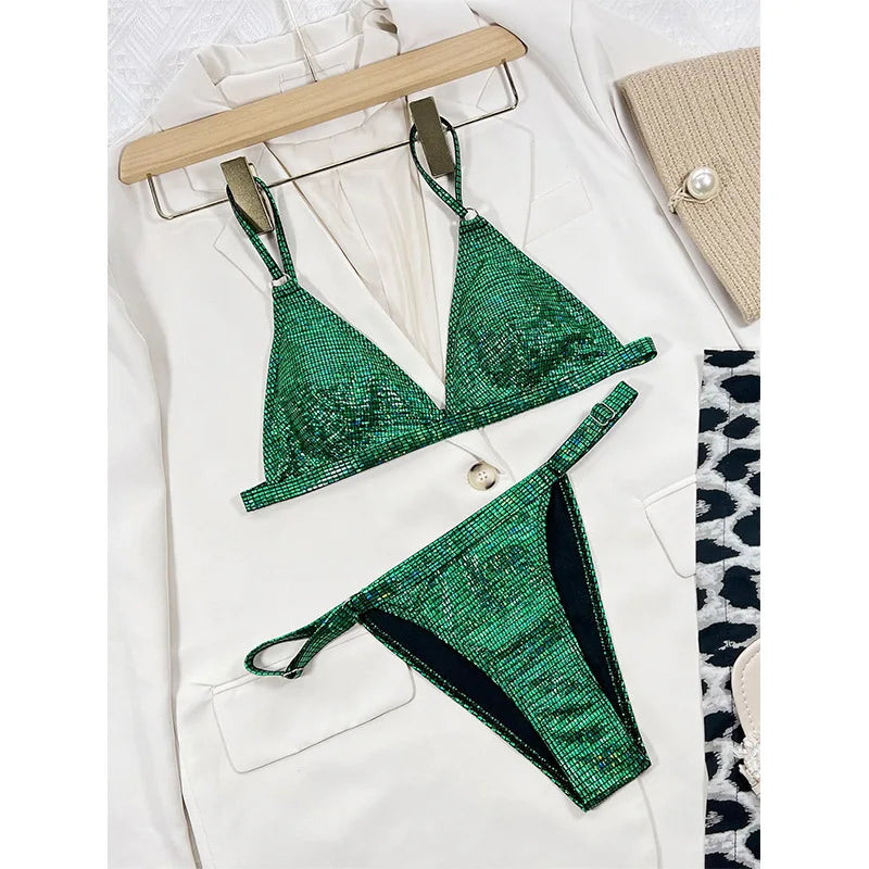 Costume da bagno donna oro glitterato 2026, bikini lucido due pezzi sexy con scollo a V, costume da bagno a vita alta senza schienale XMC185W