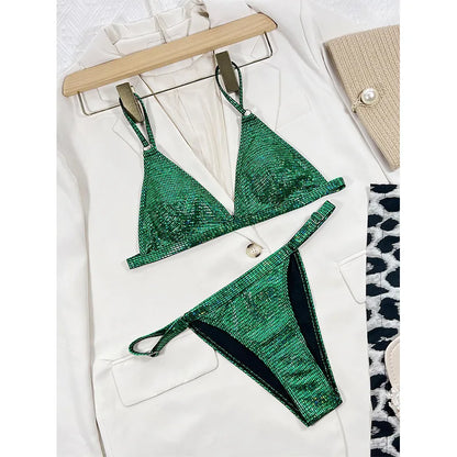 Costume da bagno donna oro glitterato 2026, bikini lucido due pezzi sexy con scollo a V, costume da bagno a vita alta senza schienale XMC185W