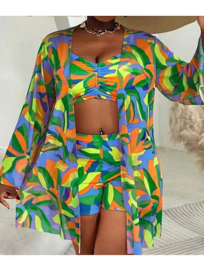 L-4XL Plus Size Set da 3 pezzi Bikini Cover Up Costume da bagno push up da donna Estate Mujer Costumi da bagno con controllo della pancia Set bikini oversize