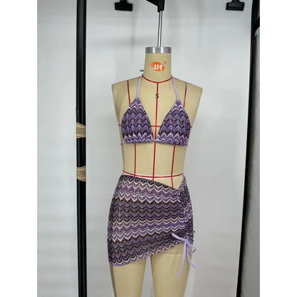 Costume da bagno estivo da donna nuovo, bikini lavorato a maglia in 3 pezzi con costumi da bagno con copertura avvolgente e scollo all'americana per le vacanze al mare