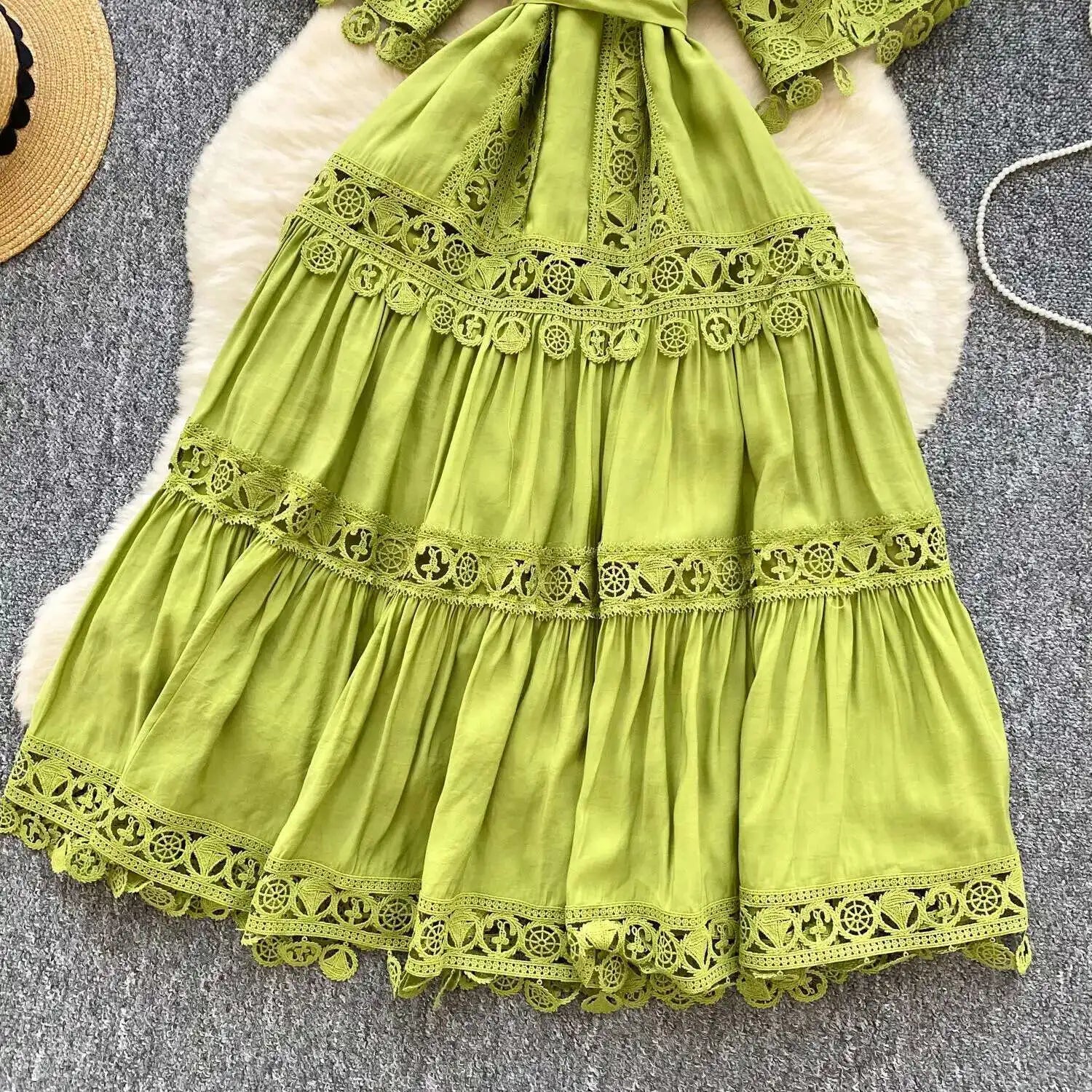 Abiti midi scavati di lusso Camicia da donna Vacanza estiva Elegante bottone monopetto Cintura in pizzo Ricamo Vestido lungo da festa