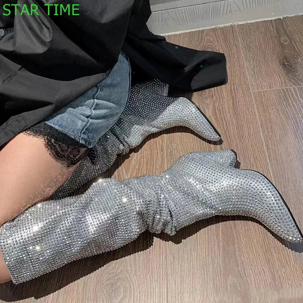 Pointed Toe Rhinestone Bling Long Boots 2024 New Casual Catwalk Thick Heel Boots Black/silver Fashion Women Knee-High Boots