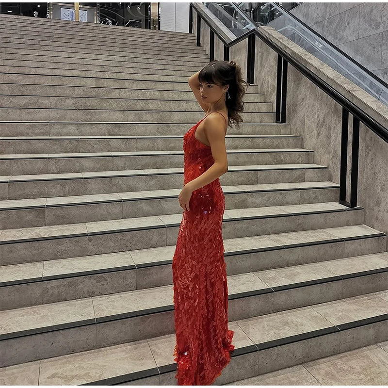 Abito lungo da donna con paillettes Abito lungo con scollo a V Solido Backless Vita alta Abiti senza maniche 2025 Moda Nuova estate Lady Party Robes
