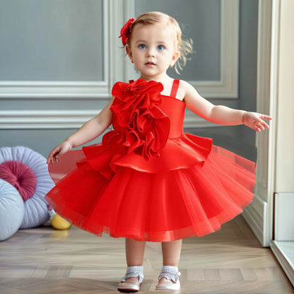 Elegant Fold Flower Party Baby Girl Dresses Toddler Tulle 1st Birthday Princess Dress for Kids Bow Wedding Bridesmaids Prom Gown