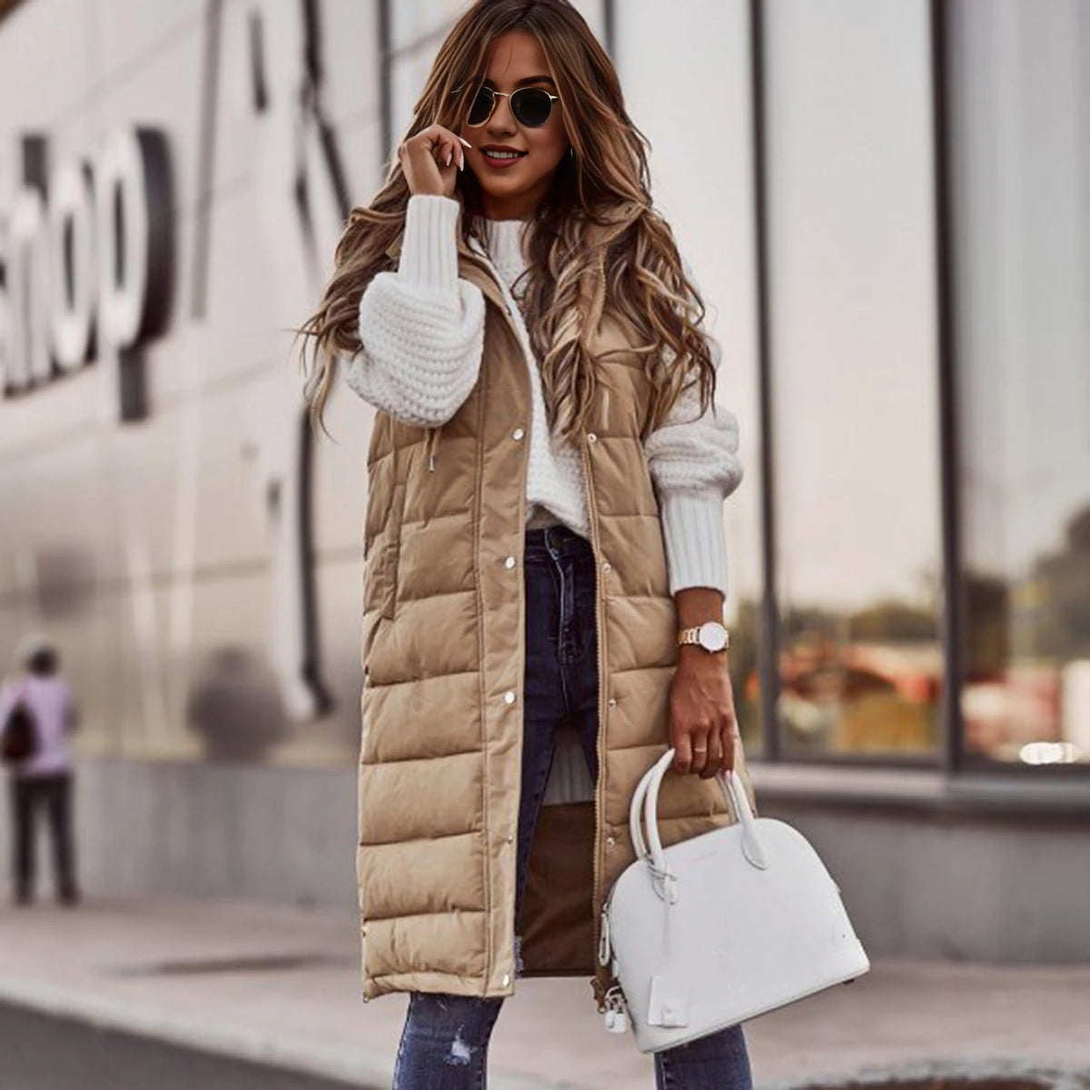 Gilet lungo da donna con cappuccio autunno inverno senza maniche in cotone caldo piumino gilet trapuntato piumino Outwear 2XL