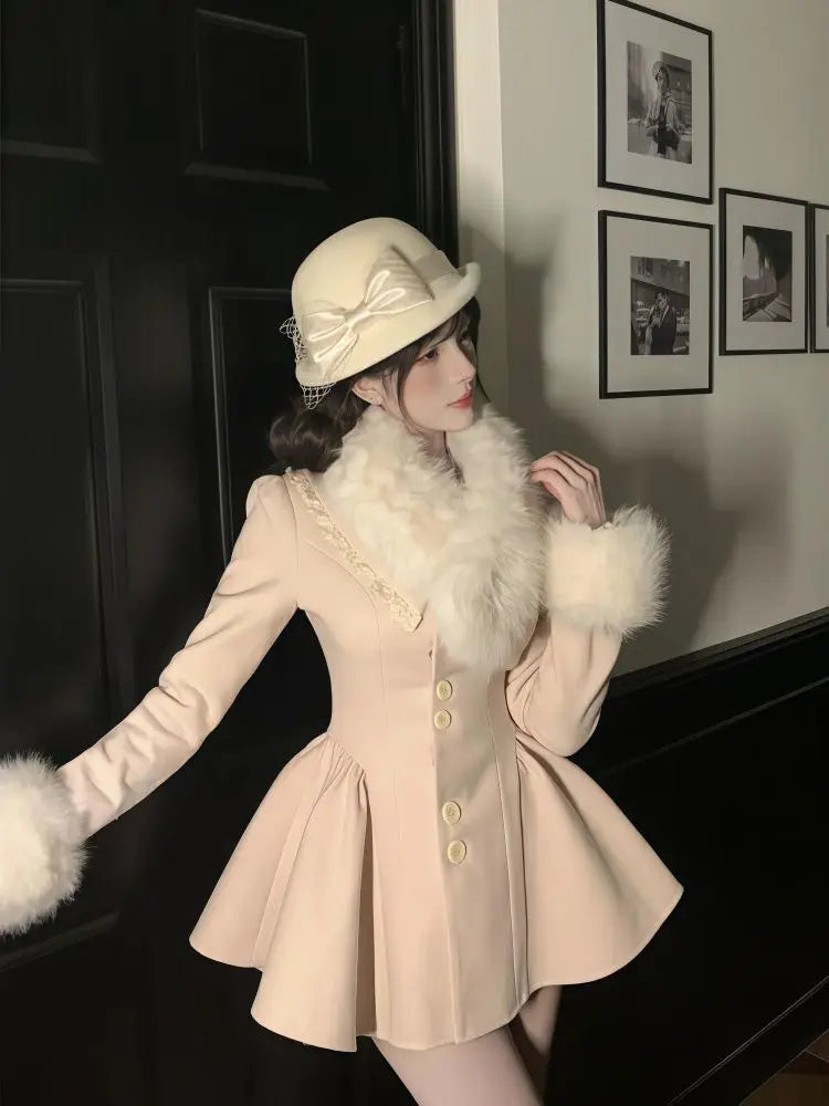 Cappotto Invernale in Lana Stile Hepburn con Collo in Pelliccia, Stile Francese Vintage, Taglio Slim, Lunghezza Media, Elegante, Caldo, Stile Lolita, Nuovo