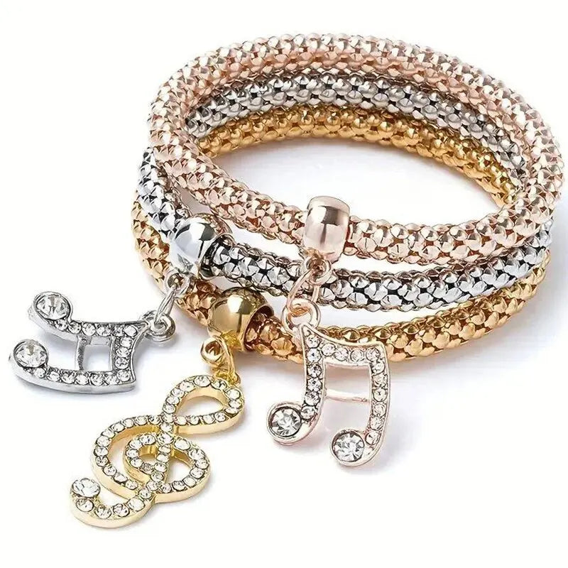 Set da 3 pezzi con lucchetto a forma di cuore, chiave, segno musicale, braccialetto con ciondoli, gufo, placcatura in oro rosa, catena color argento, set di gioielli con bracciale con ciondolo Owm
