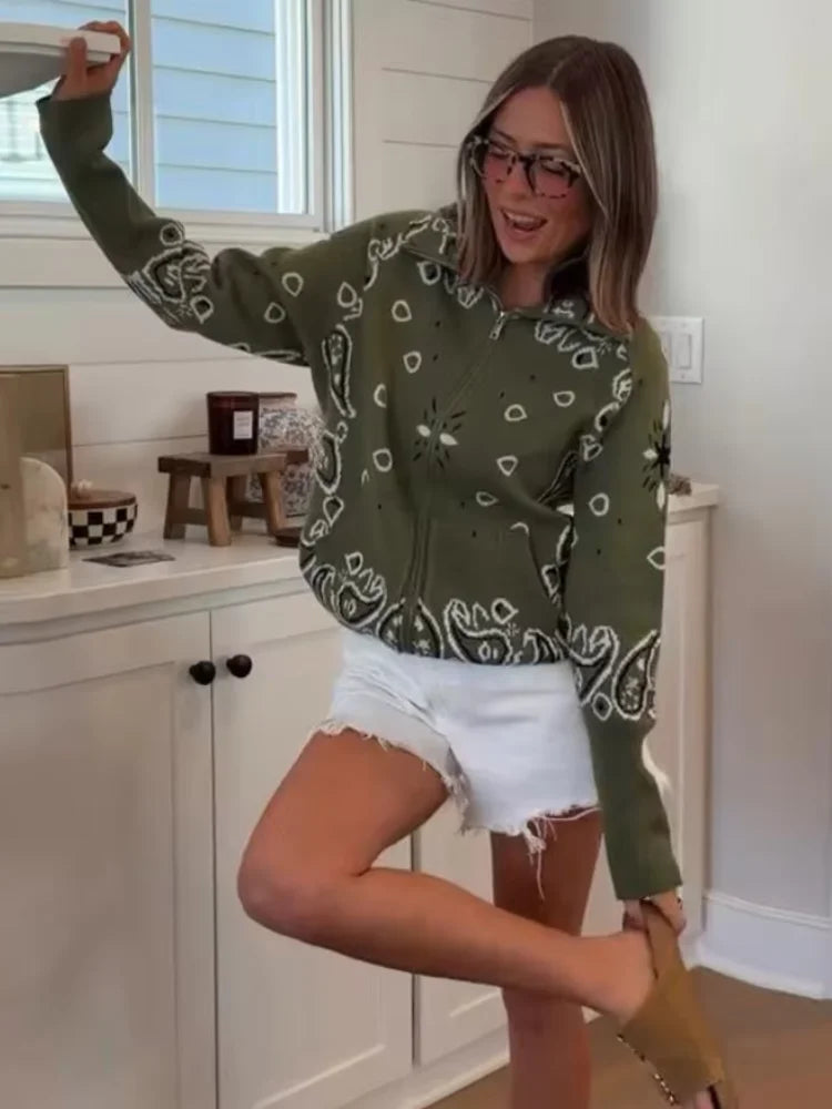 Giacca in maglia con stampa paisley per donna, colletto alto, maniche raglan, chiusura a zip, tasca frontale, cardigan autunnale 2026, giacca retrò ampia.