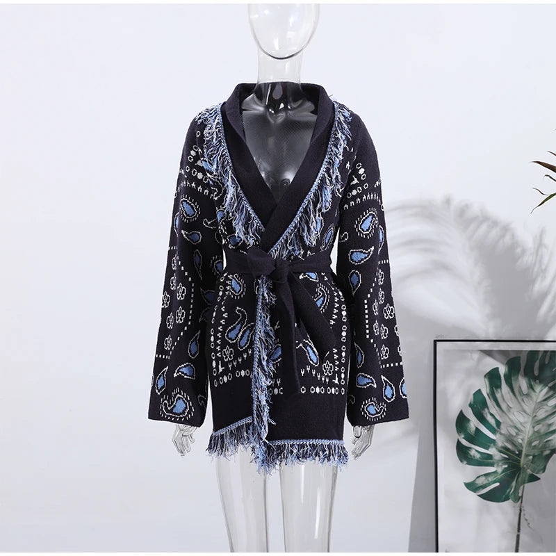 Cardigan in maglia con stampa Boho da donna Top con frange e cintura maglione a maniche lunghe con lacci 2025 Nuovo outfit capispalla High Street