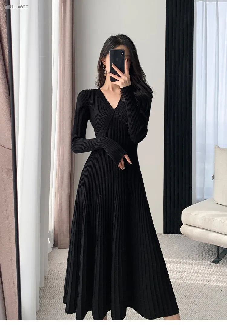 Inverno primavera abbigliamento di base donna capodanno rosso stile francese Design Slim Fit una linea scollo A V maglione lavorato A maglia abito lungo Maxi abiti