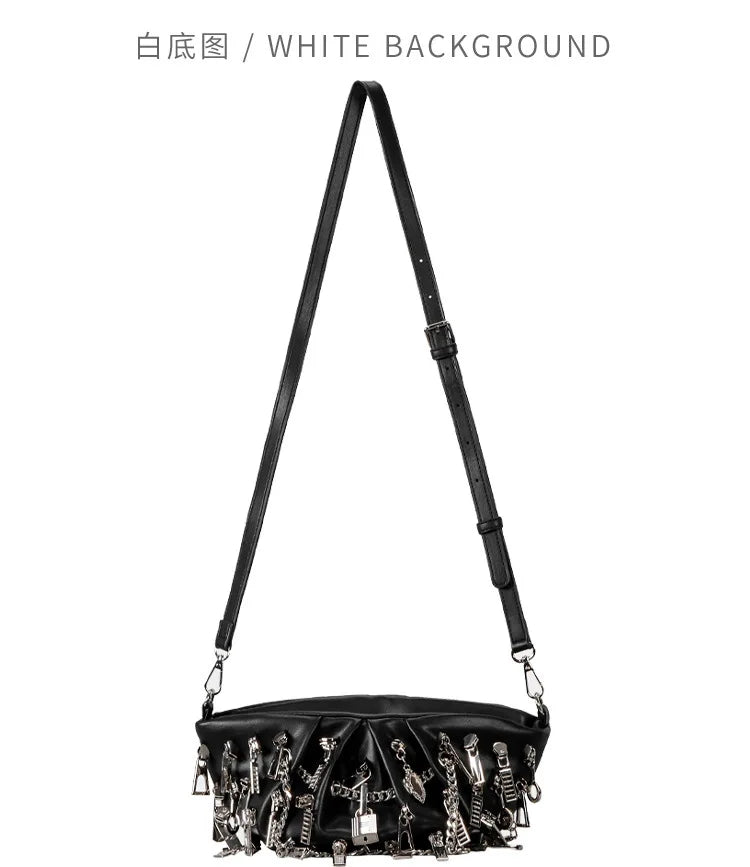 Borsa per ascelle con gnocchi increspato stile punk 2025 Borse a tracolla da donna con decorazione per la testa con cerniera multipla Borse Y2K per ragazza piccante
