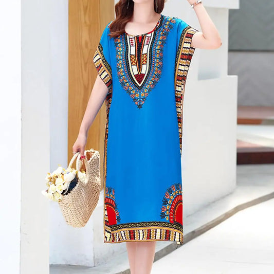 Abito da donna stile etnico o collo stampa stampa stampa geometrica abito da spiaggia abito estivo maniche corte larghe abiti midi abiti da donna