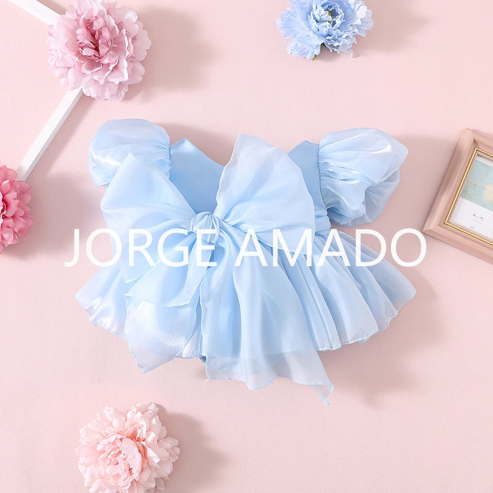 Completi Estivi Coordinati per Gemelle, Body a Maniche Corte con Grande Fiocco, Abiti Principessa con Schiena Scoperta, Abbigliamento per Bambine H0404