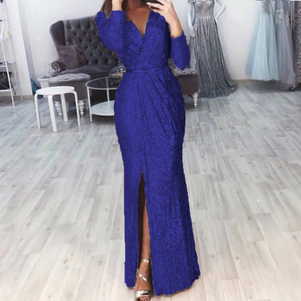 Abito lungo da donna elegante con scollo a V a maniche lunghe da festa Autunno Inverno Moda con paillettes Vita sexy Abiti maxi slim casual con spacco alto