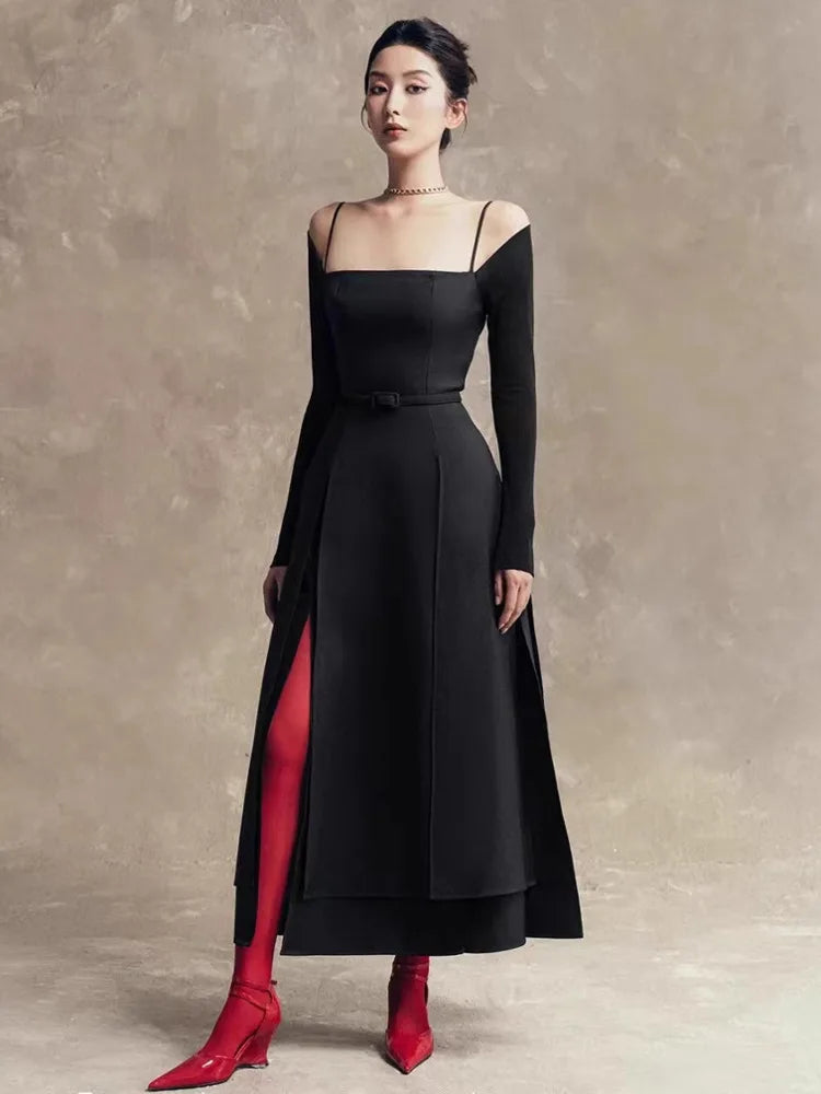 QMQA Abiti eleganti da donna alla moda con spalle scoperte Manica lunga Split Orlo asimmetrico Abito sottile a vita media bassa Nuovo 1A200