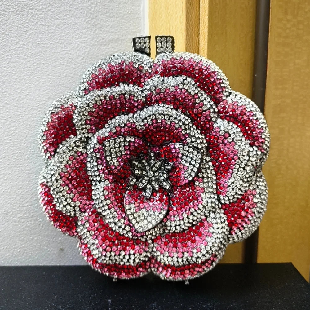Pochette da sera con strass rosa/verde con fiore rosa Borse da sera da donna in cristallo giallo floreale Pochette da sposa per festa di nozze