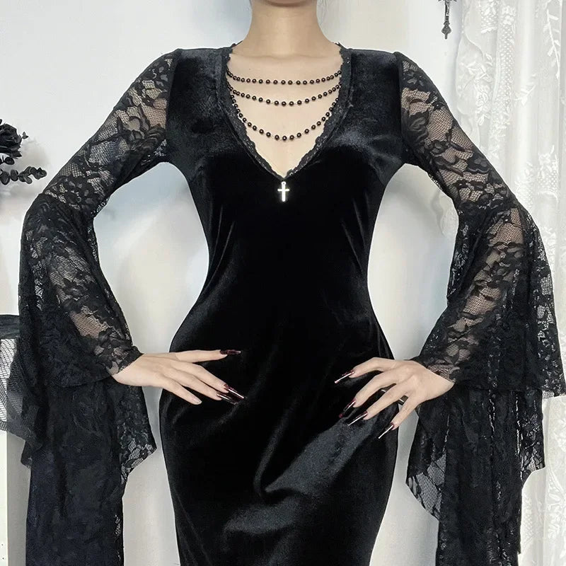 Y2K Goth floreale pizzo maglia manica svasata aderente abiti da festa sexy vintage elegante velluto nero con scollo a V abito lungo partywear
