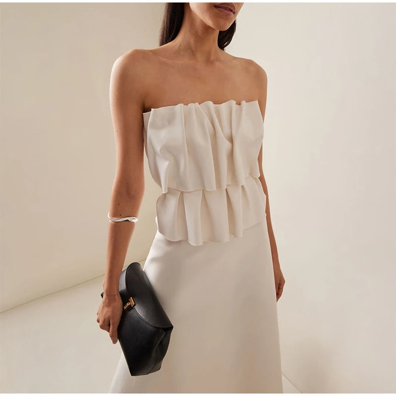 Abito lungo senza spalline con pieghe a strati sexy Abito da donna slim fit con spalle scoperte Abito senza maniche a trapezio Abito da sera estivo femminile