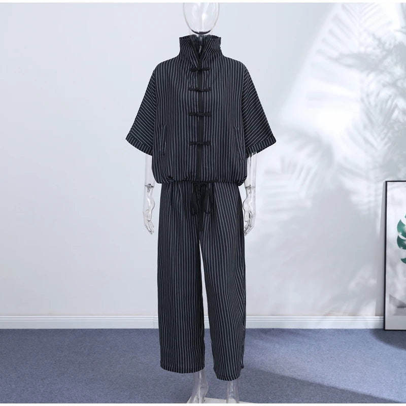 Completo Casual da Donna in Raso con Bottoni a Rana, Giacca a Collo Alto a Maniche Lunghe e Pantaloni a Lanterna Larghi, Moda Autunno 2026