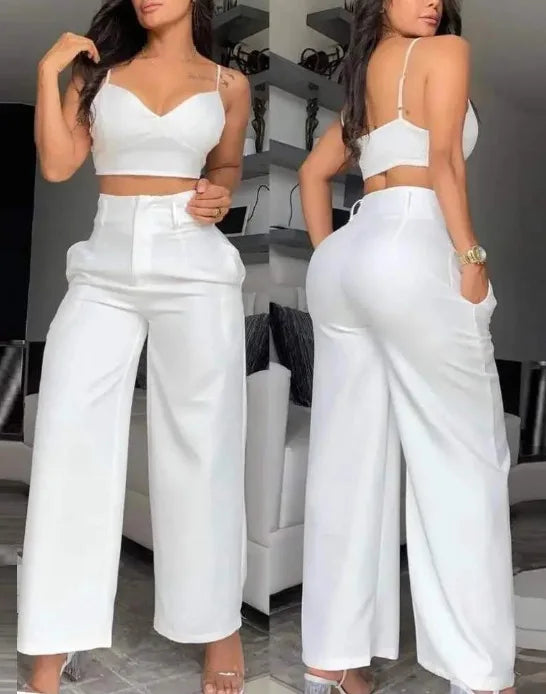 Sommer Sexy 2-Teiler Set Damen V-Ausschnitt Träger Gerafftes Slim Crop Top & Schnürung Weite Hose Sets Elegantes Holiday Lady Outfit