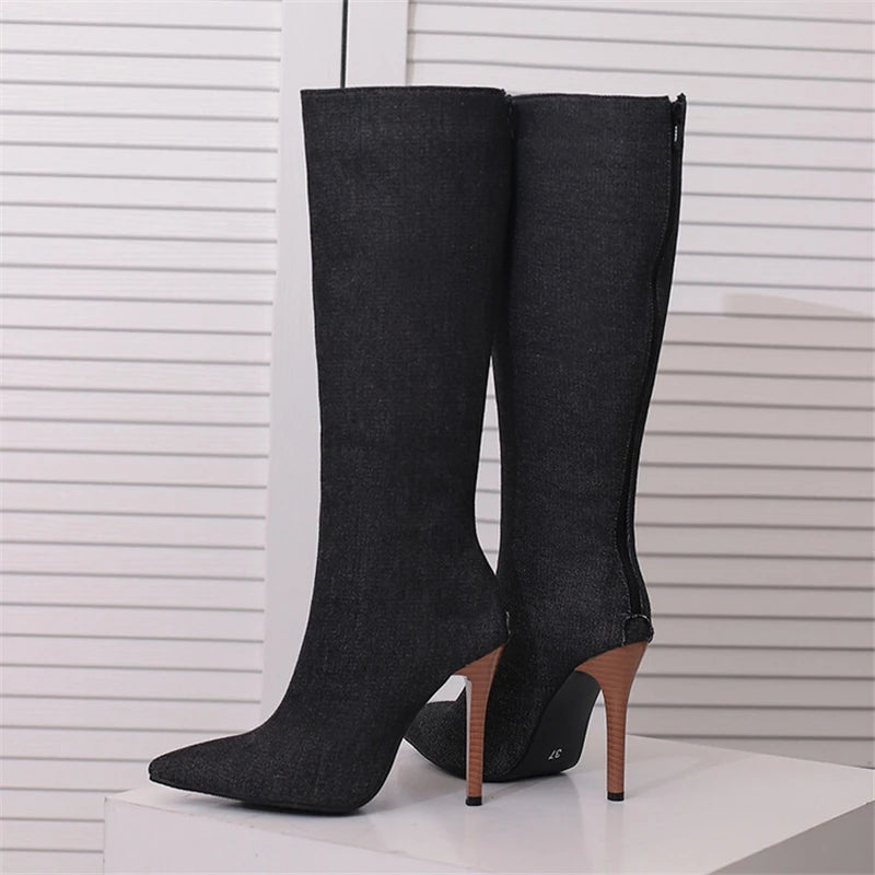 2025 White Snake Print Leather Knee High Boots Thin Heel Zipper Sexy Party Shoe Pointy Toe Thigh High Woman Long Boot Size 34-43