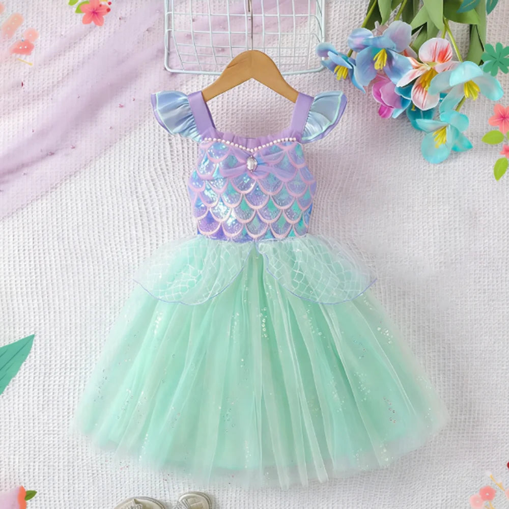 Costume da spettacolo con paillettes Abiti da principessa per ragazza Gonna a rete con fionda Abito da ragazza di compleanno Abiti da ragazza per feste a tema sirena