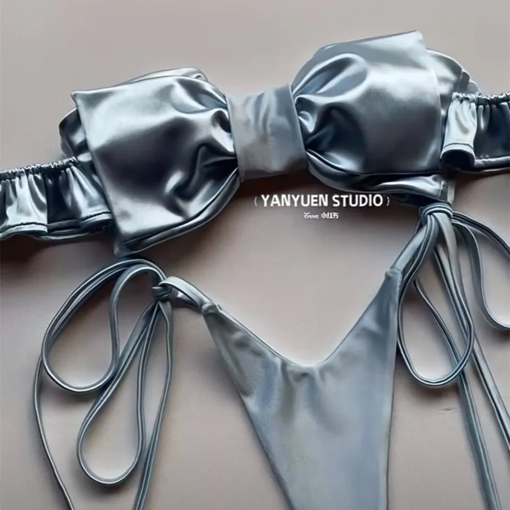 Sexy 2-teiliger rosa Bandeau-Bikini 2024 Damen Bademode Tanga-Badeanzug Große Schleife Bikinis Rüschen Koreanische Strandbekleidung Y2K Badeanzug