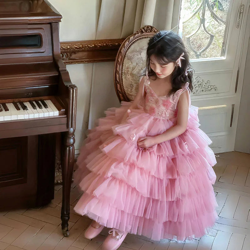 Mädchen Prinzessinnenkleider Ärmelloses bauschiges Kinder Süßes Tüllkleid Glänzendes Kuchen Rückenfreies Geburtstagsparty-Kleidung Kinder Ballkleid