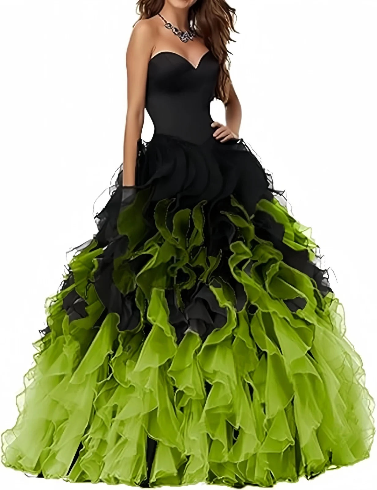 Abito Quinceanera in organza senza spalline con volant Abiti da ballo Abito da ballo lungo gonfio con scollo a cuore Ombre Abito da cocktail da sposa