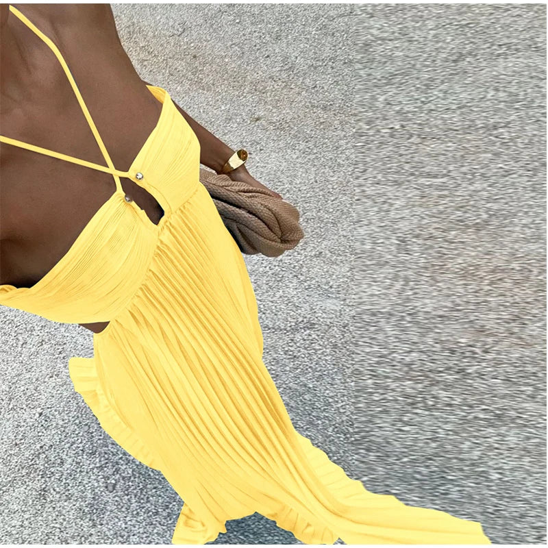 Abito Lungo Estivo da Donna con Scollo all'Americana e Pieghe, Senza Schienale, Senza Maniche, Blu, per Vacanze al Mare, Moda Femminile 2026, Vestito a Trapezio